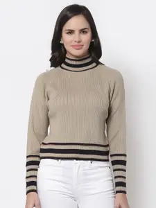 Style Quotient Women Beige & Black Ribbed Acrylic Pullover