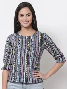 Style Quotient Multicoloured Geometric Print Roll-Up Sleeves Crepe Top