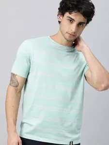 RARE RABBIT Men Turquoise Blue Striped Slim Fit T-shirt