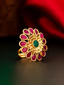 aadita Gold-Plated Pink & Green AD-Studded Finger Ring