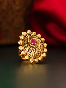 aadita Gold-Plated & Pink AD-Studded Adjustable Finger Ring