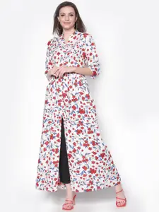 Sera White Floral Print Mandarin Collar Maxi Longline Top