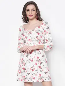 Sera Off White & Red Floral Crepe Dress