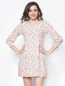 Sera Women Off White & Pink Floral Peter Pan Collar A-Line Dress