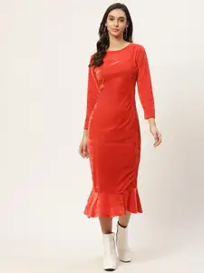 WISSTLER Women Red Velvet Sheath Midi Dress