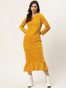 WISSTLER Mustard Yellow Velvet Sheath Midi Dress