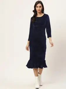 WISSTLER Navy Blue Velvet Sheath Midi Dress