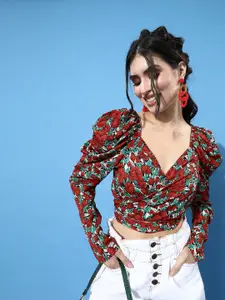 Berrylush Women Gorgeous Red Floral Cropped Top