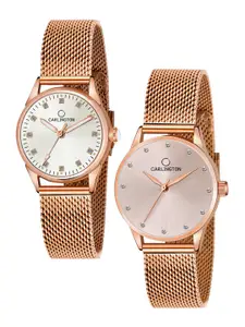 CARLINGTON Women Set Of 2 Multicoloured Embellished Dial & Stainless Steel Bracelet Straps Watch CT2003 RoseWhite-CT2009 RoseGold