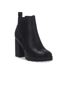 London Rag Women Black Leather High-Top Block Heeled Chelsea Boots
