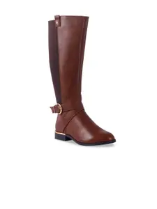 London Rag Women Tan Brown Leather High-Top Block Heeled Boots with Buckles