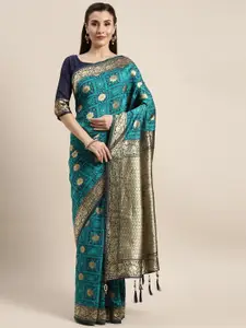 Amrutam Fab Green & Gold-Toned Ethnic Motifs Silk Blend Banarasi Saree