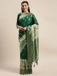 Amrutam Fab Green & Gold-Toned Floral Zari Silk Blend Banarasi Saree