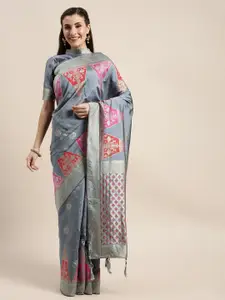 Amrutam Fab Grey & Magenta Woven Design Zari Silk Blend Banarasi Saree