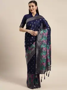 Amrutam Fab Navy Blue & Pink Woven Design Zari Silk Blend Banarasi Saree
