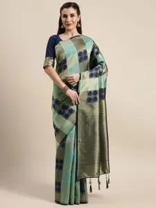 Amrutam Fab Blue & Green Ethnic Motifs Zari Silk Blend Banarasi Saree