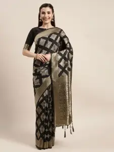 Amrutam Fab Black & Gold-Toned Woven Design Zari Silk Blend Banarasi Saree
