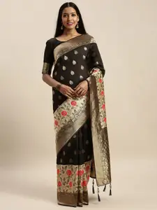 Amrutam Fab Black & Gold-Toned Woven Design Zari Silk Blend Banarasi Saree