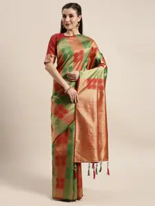 Amrutam Fab Green & Red Ethnic Motifs Zari Silk Blend Banarasi Saree