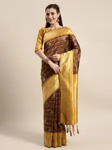 Amrutam Fab Brown & Gold-Toned Checked Zari Silk Blend Banarasi Saree