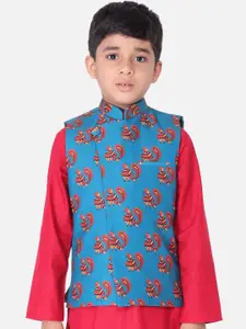 TABARD Boys Blue & Red Printed Pure Cotton Nehru Jacket