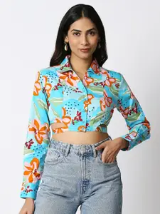 20Dresses Blue Floral Print Shirt Style Crop Top