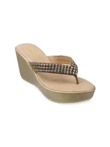Metro Gold-Toned Embellished Ethnic Wedge Heels