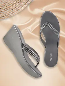 Metro Gunmetal-Toned Embellished Ethnic Wedge Heels