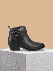 Mochi Black Kitten Heeled Boots with Buckles