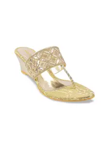 Mochi Women Gold-Toned & Silver-Toned Embellished Suede Wedge Heels