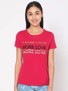 SPYKAR Women Red Typography Printed Cotton T-shirt