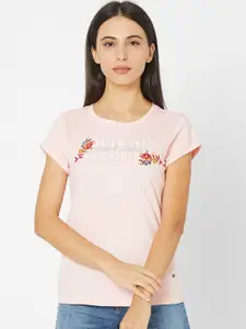 SPYKAR Women Pink Slim Fit Embroidered T-shirt