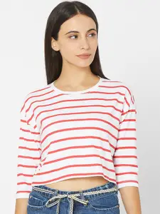 SPYKAR Women Red Striped Extended Sleeves Cut Outs Slim Fit T-shirt