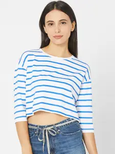 SPYKAR Women Blue Striped Slim Fit T-shirt