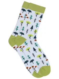 Soxytoes Men White & Green Patterned Calf-Length Socks