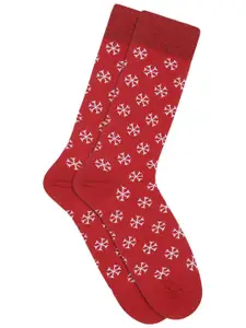Soxytoes Men Red & White Patterned Pure Combed Cotton Christmas Calf-Length Socks
