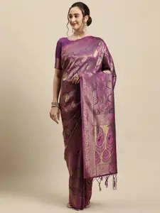 Saree mall Purple & Gold-Toned Woven Design Zari Silk Blend Banarasi Sarees