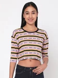 SPYKAR Women Pink & Yellow Typography Slim Fit Pure Cotton T-shirt