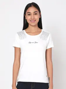 SPYKAR Women White Embellished T-shirt
