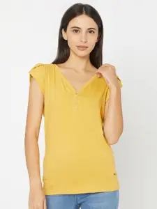 SPYKAR Women Yellow V-Neck Pockets T-shirt