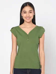 SPYKAR Women Green V-Neck Pure Cotton T-shirt