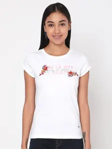 SPYKAR Women White Slim Fit Embroidered T-shirt
