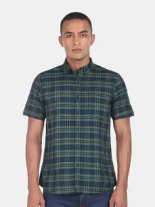 Flying Machine Men Green & Navy Blue Checked Pure Cotton Casual Shirt