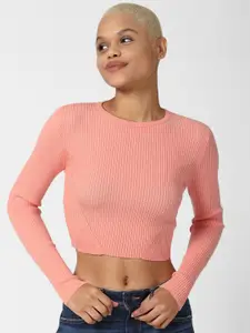 FOREVER 21 Women Pink Ribbed Cropped Pullover
