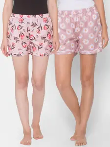 FashionRack Women Pink & White Set Of 2 Printed Lounge Shorts