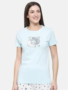 De Moza Women Blue Printed Pure Cotton Lounge T-shirt