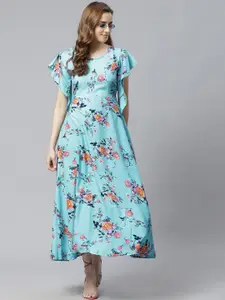 Sasimo Women Blue & Orange Floral Maxi Dress