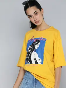 Flying Machine Women Mustard Yellow & Blue Graphic Printed Pure Cotton Loose T-shirt