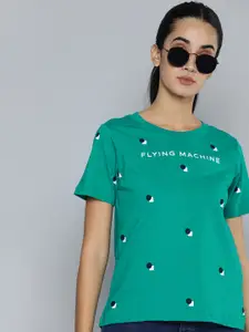 Flying Machine Women Green & Black Brand Logo Printed Pure Cotton T-shirt