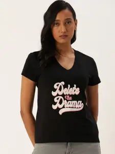 Flying Machine Women Black Typography Printed Casual T-shirt